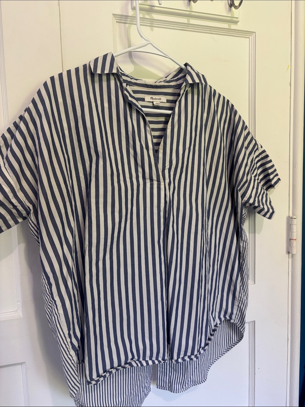 Madewell Blue and White Vertical Stripe Popover Blouse